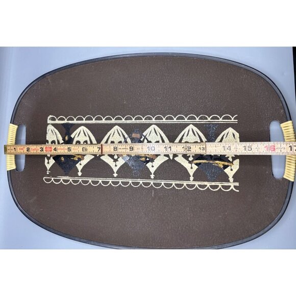 Vtg MCM Oval Brown Serving Tray Woven Handles Hand Painted - Picture 7 of 7